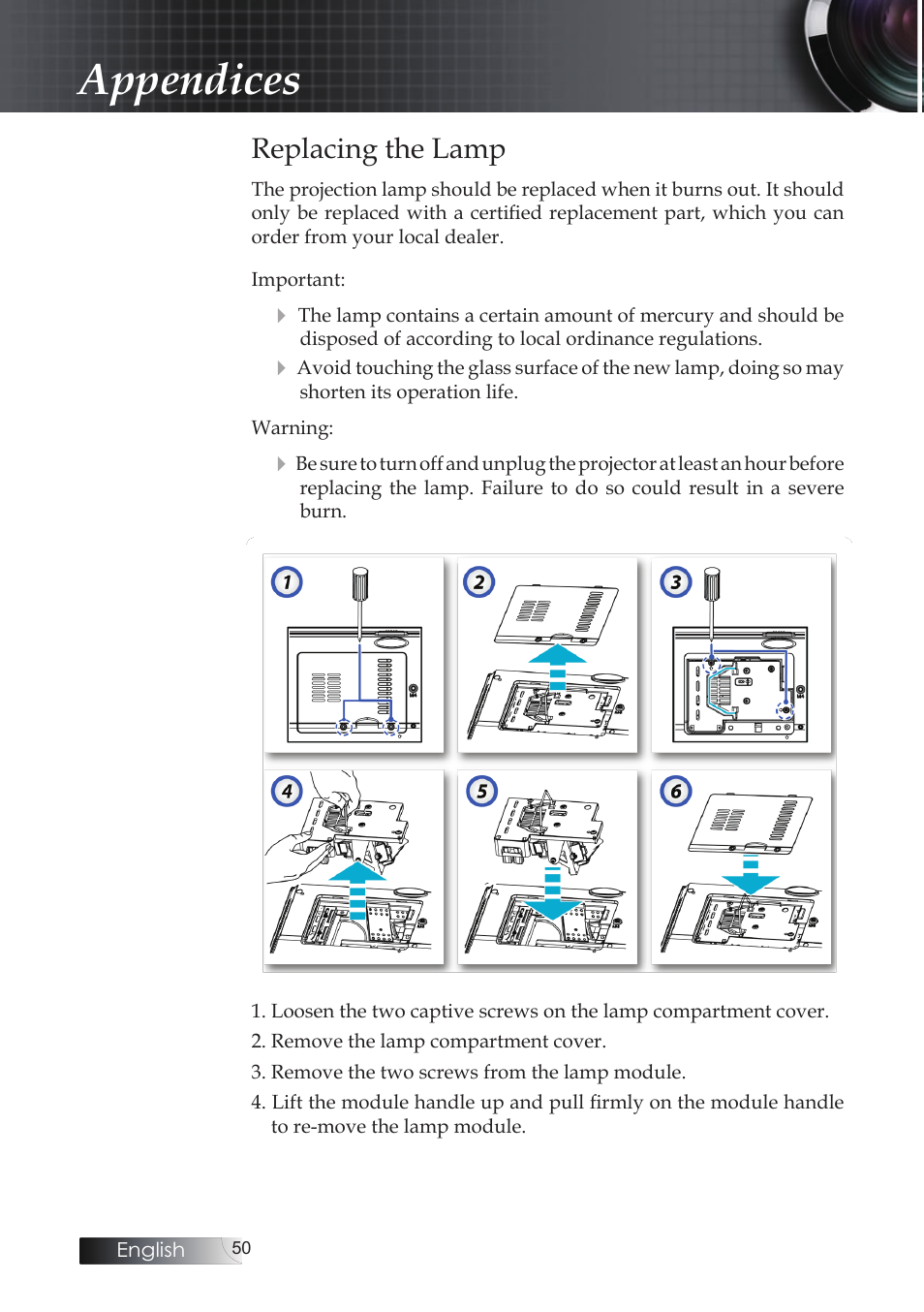 Replacing the lamp, Appendices | Optoma Optoma ES520 User Manual | Page 50 / 63