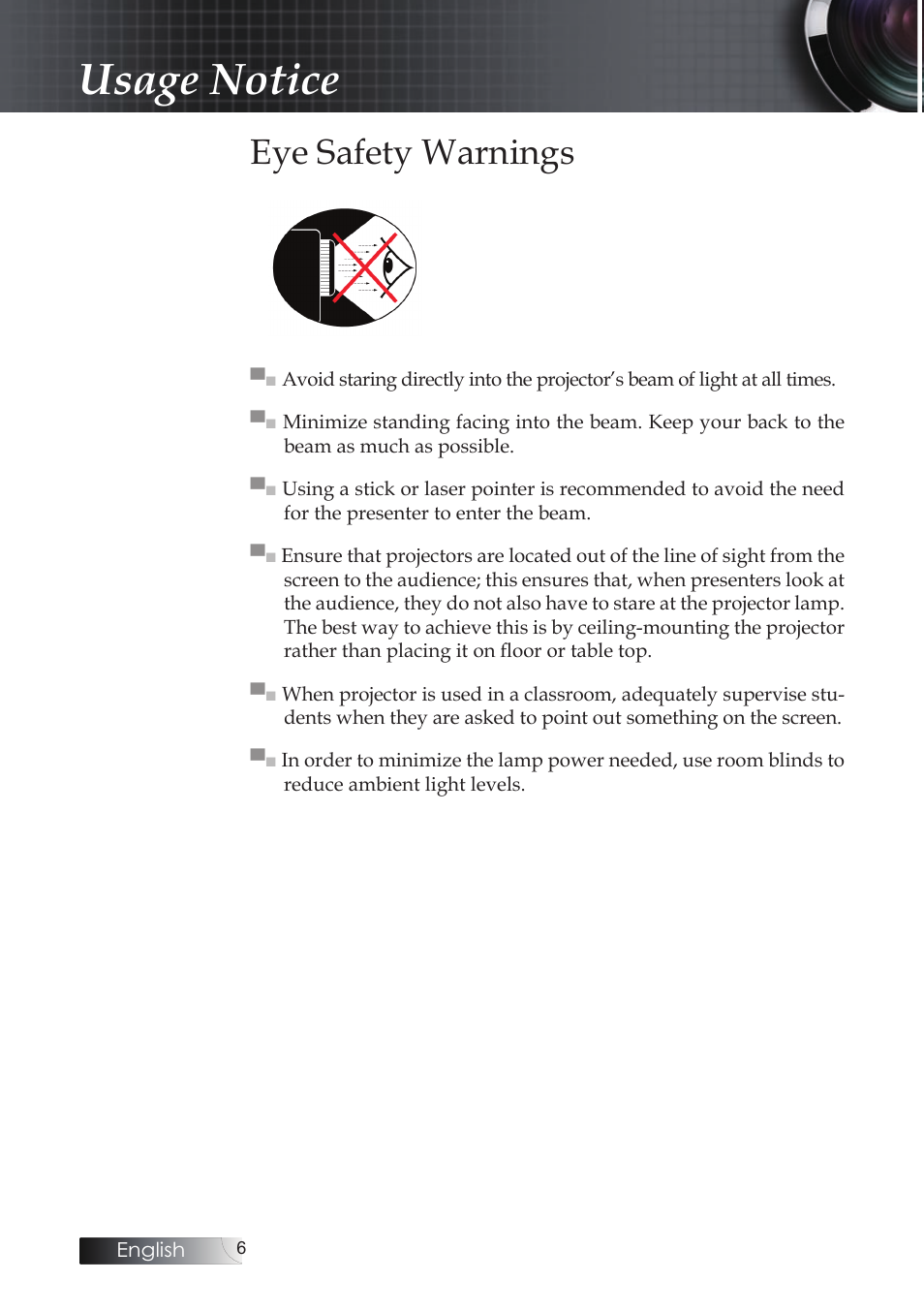 Eye safety warnings, Usage notice | Optoma Optoma ES520 User Manual | Page 6 / 63
