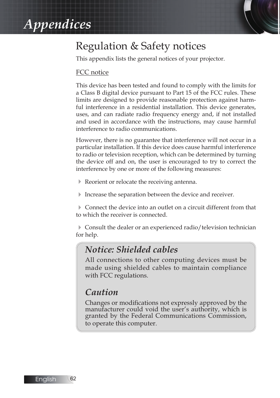 Regulation & safety notices, Appendices, Notice: shielded cables | Caution | Optoma Optoma ES520 User Manual | Page 62 / 63