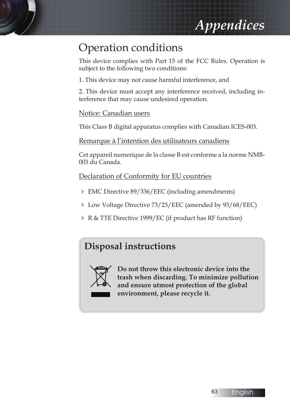 Operation conditions, Appendices, Disposal instructions | Optoma Optoma ES520 User Manual | Page 63 / 63