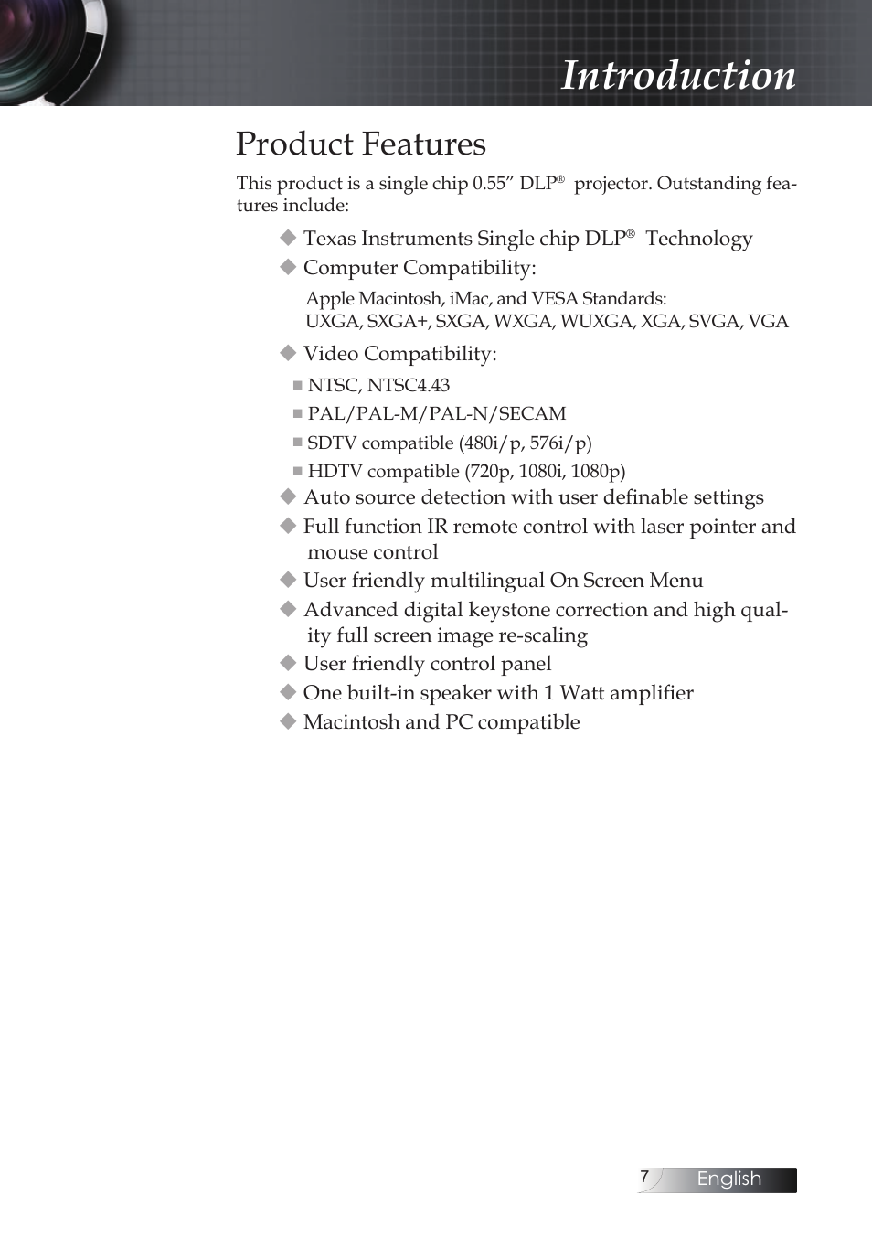 Introduction, Product features | Optoma Optoma ES520 User Manual | Page 7 / 63