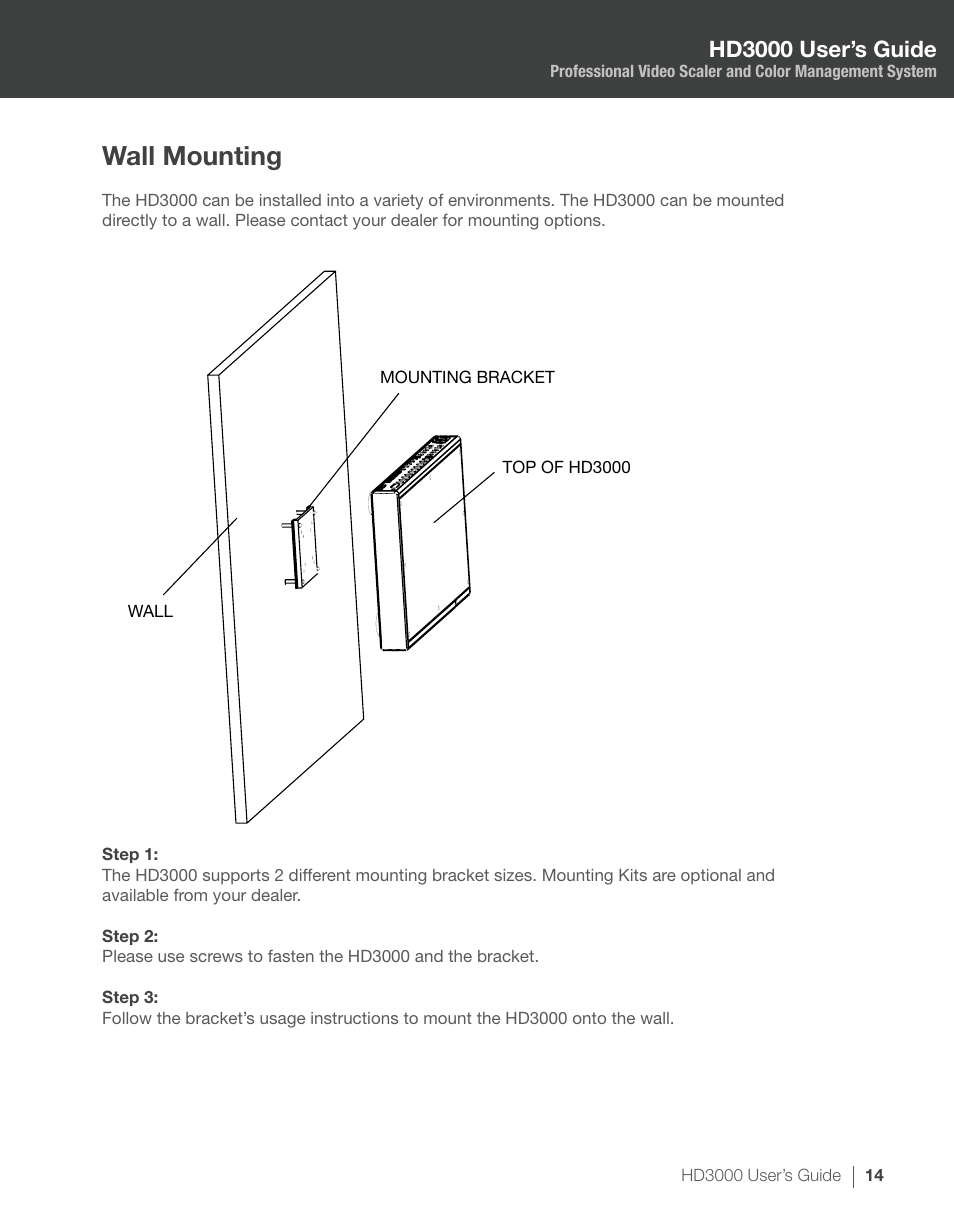 Wall mounting, Hd3000 user’s guide | Optoma HD3000 User Manual | Page 14 / 62