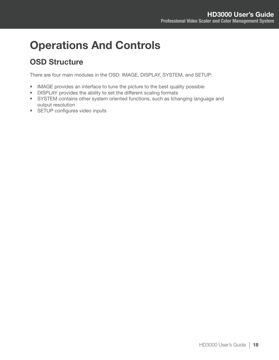 Operations and controls, Osd structure | Optoma HD3000 User Manual | Page 18 / 62