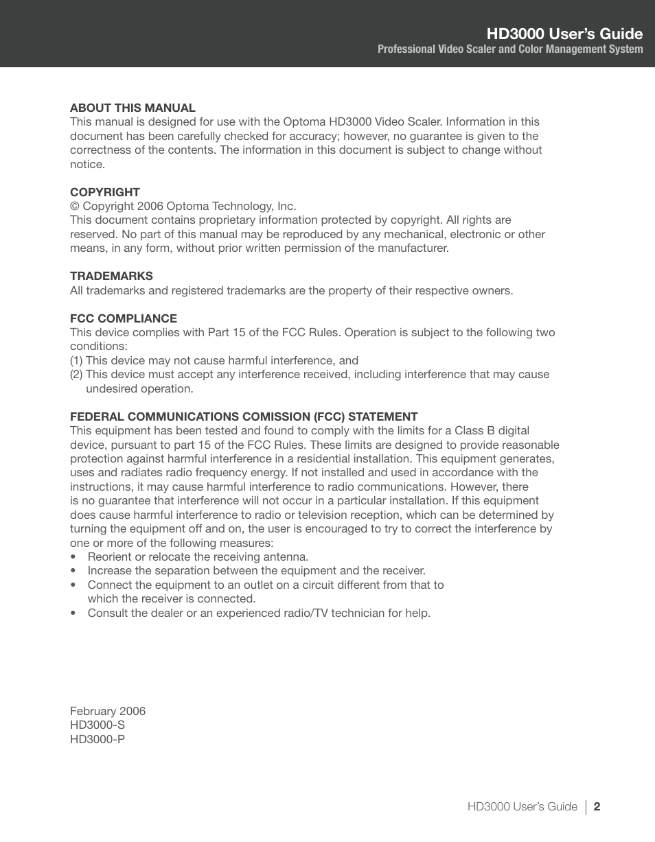 Hd3000 user’s guide | Optoma HD3000 User Manual | Page 2 / 62