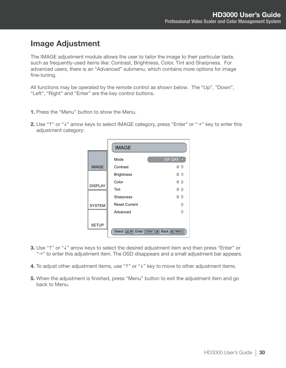 Image adjustment, Hd3000 user’s guide | Optoma HD3000 User Manual | Page 30 / 62