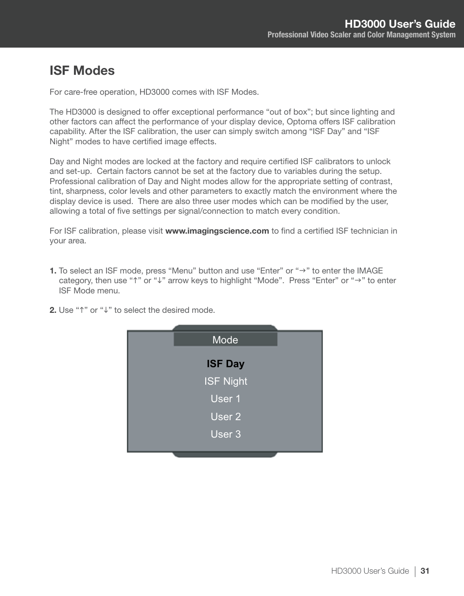 Isf modes, Hd3000 user’s guide | Optoma HD3000 User Manual | Page 31 / 62