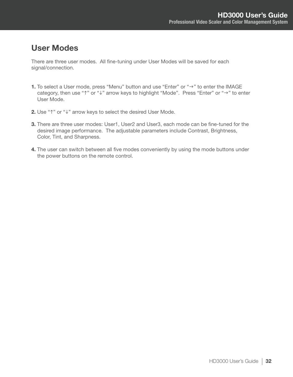 User modes, Hd3000 user’s guide | Optoma HD3000 User Manual | Page 32 / 62