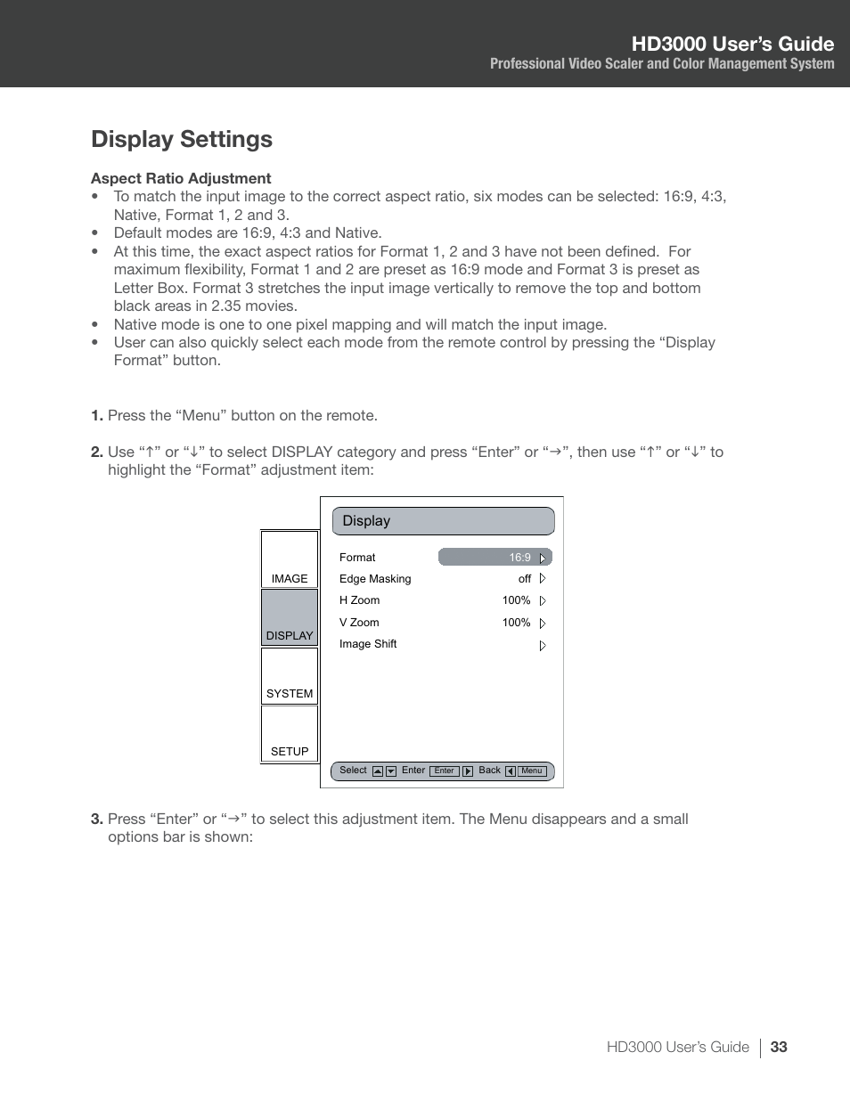 Display settings, Hd3000 user’s guide | Optoma HD3000 User Manual | Page 33 / 62