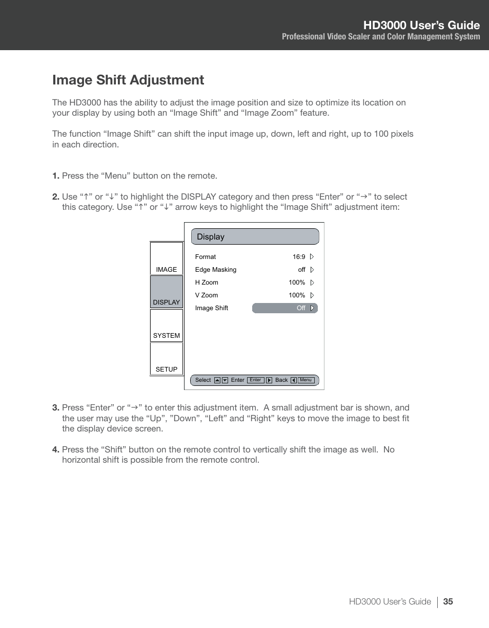 Image shift adjustment, Hd3000 user’s guide | Optoma HD3000 User Manual | Page 35 / 62