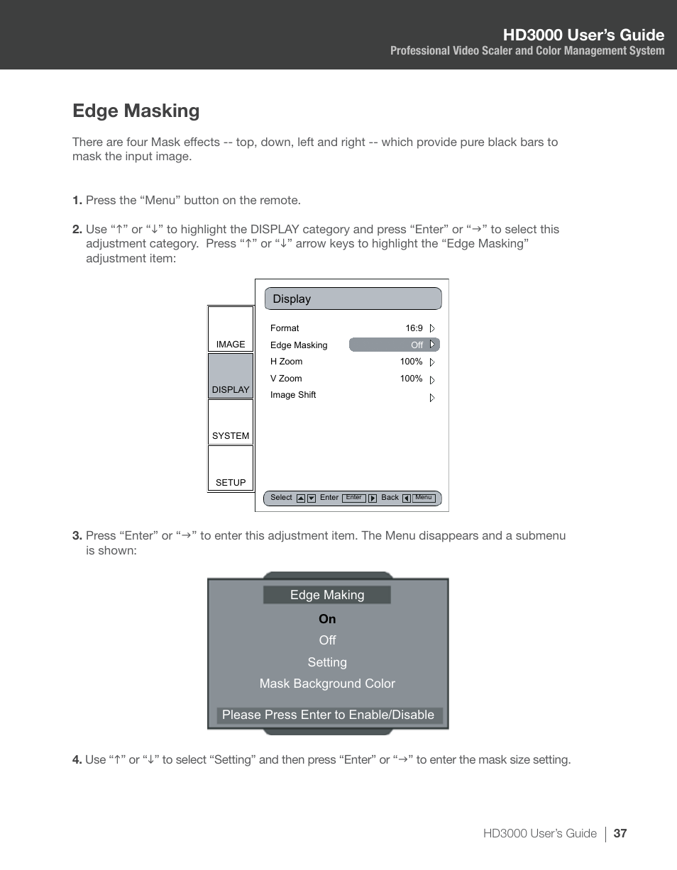 Edge masking, Hd3000 user’s guide | Optoma HD3000 User Manual | Page 37 / 62