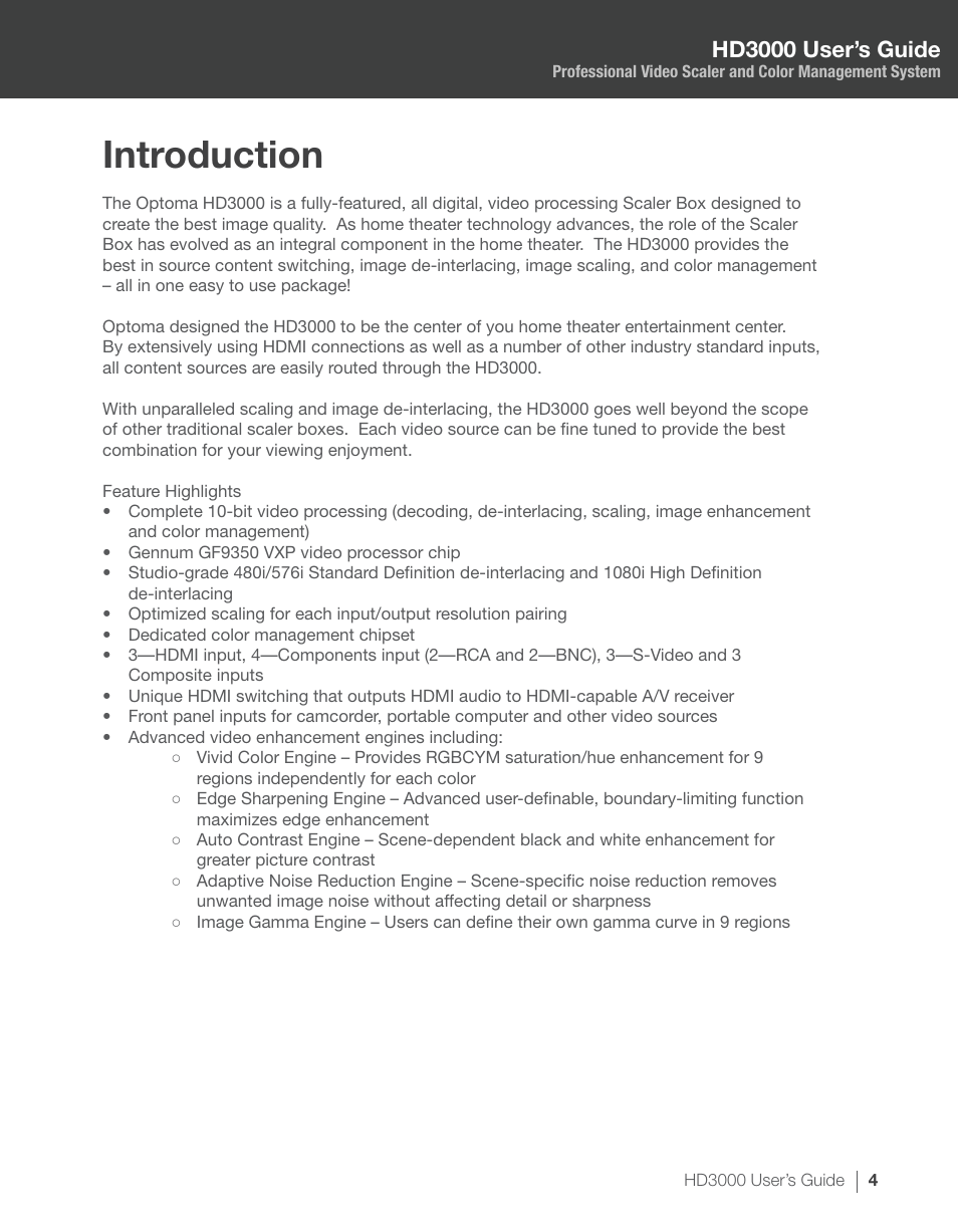 Introduction, Hd3000 user’s guide | Optoma HD3000 User Manual | Page 4 / 62