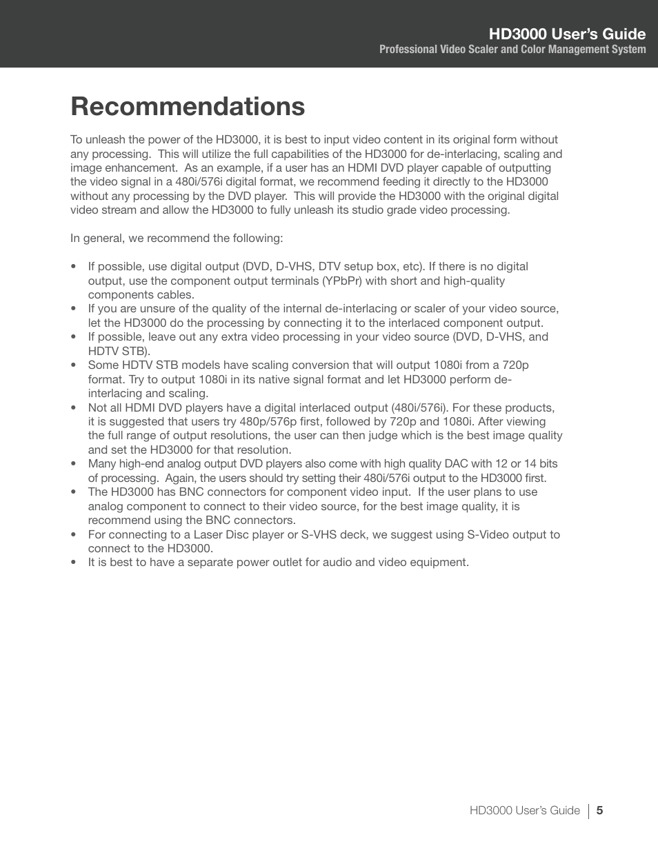 Recommendations, Hd3000 user’s guide | Optoma HD3000 User Manual | Page 5 / 62
