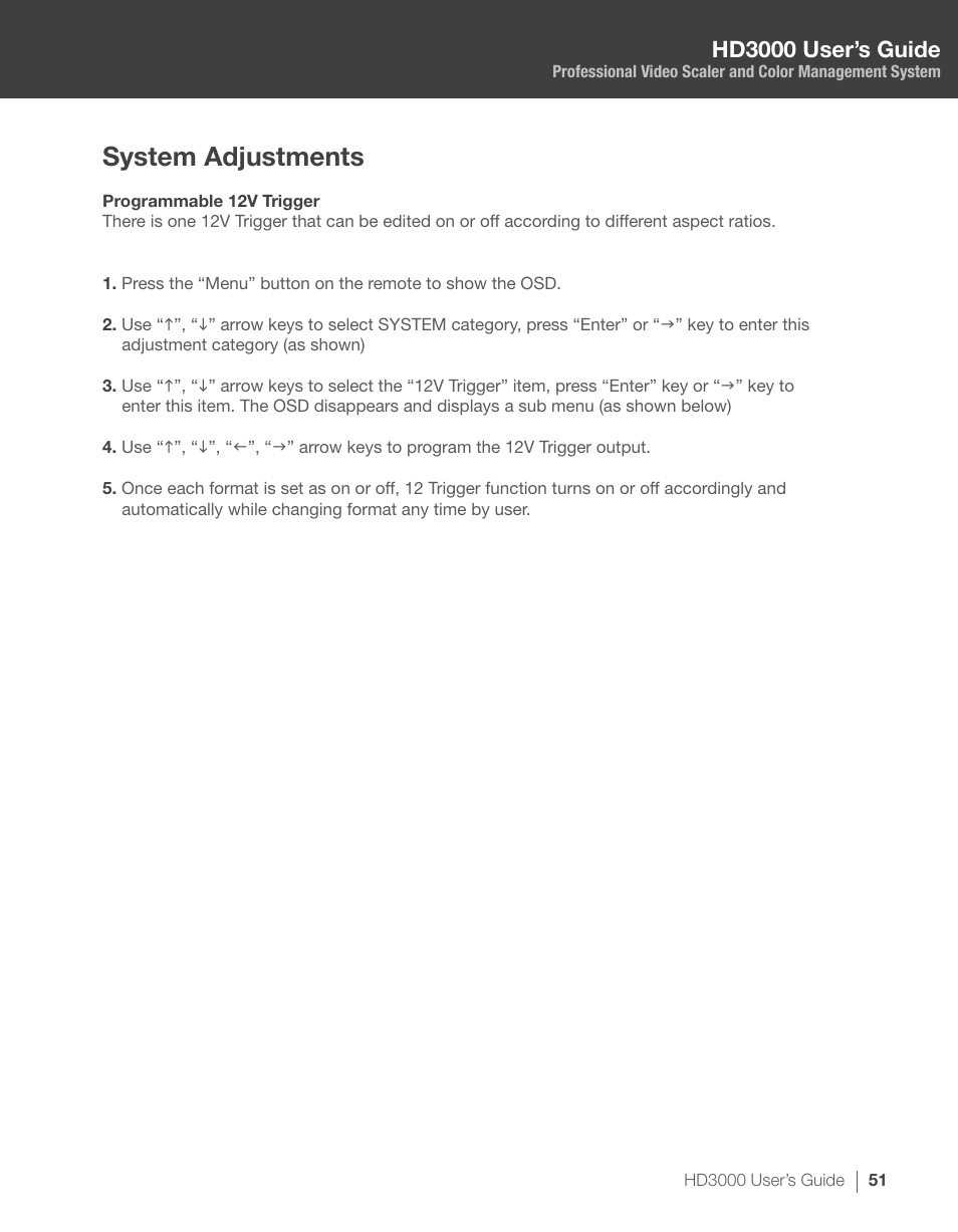 System adjustments, Hd3000 user’s guide | Optoma HD3000 User Manual | Page 51 / 62