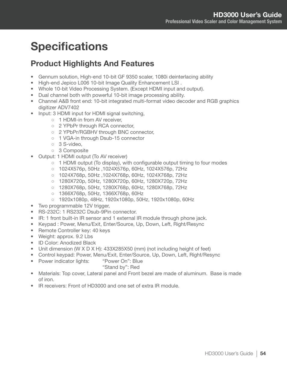 Specifications, Product highlights and features, Hd3000 user’s guide | Optoma HD3000 User Manual | Page 54 / 62