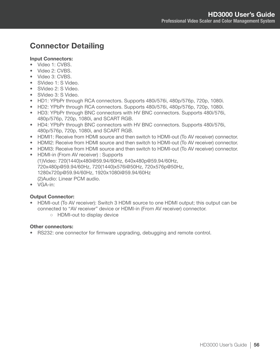 Connector detailing, Hd3000 user’s guide | Optoma HD3000 User Manual | Page 56 / 62