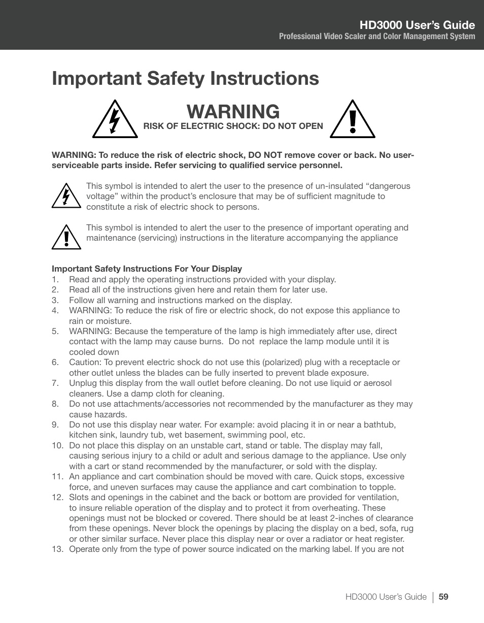 Important safety instructions warning, Hd3000 user’s guide | Optoma HD3000 User Manual | Page 59 / 62