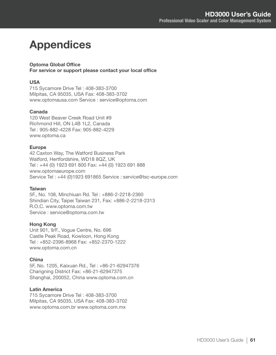 Appendices, Hd3000 user’s guide | Optoma HD3000 User Manual | Page 61 / 62