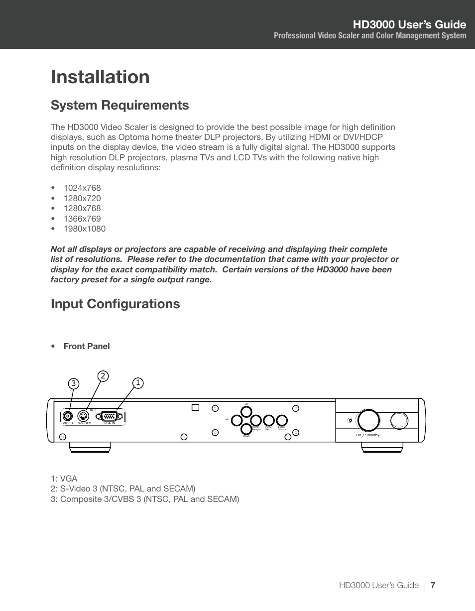 Installation, System requirements, Input configurations | Hd3000 user’s guide | Optoma HD3000 User Manual | Page 7 / 62