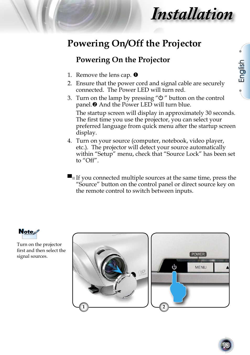 Installation, Powering on/off the projector, Powering on the projector | Optoma 1080p DLP User Manual | Page 13 / 50