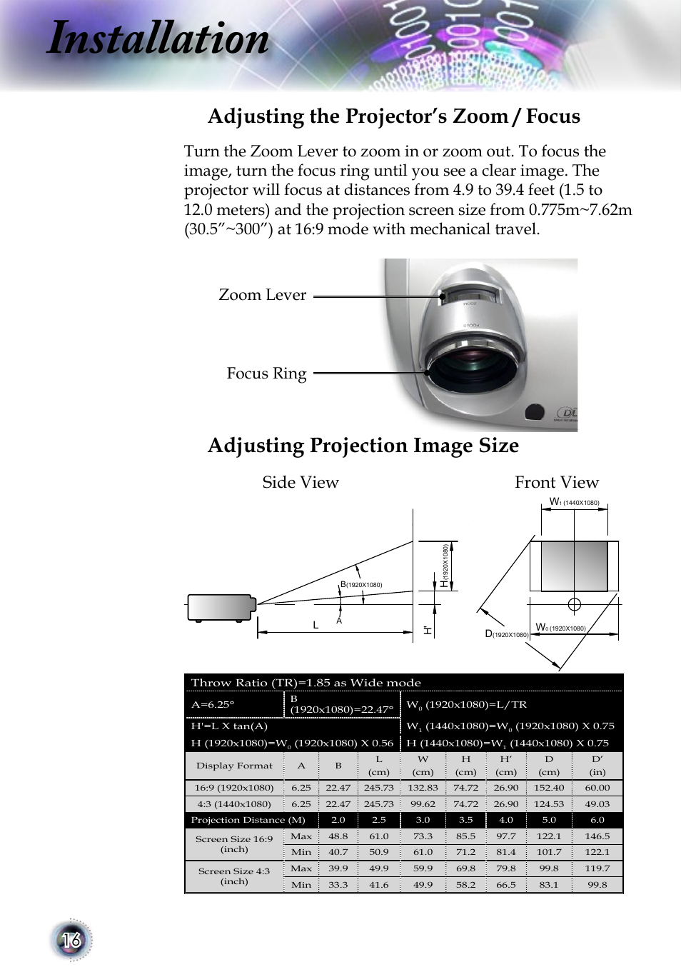 Installation, Adjusting the projector’s zoom / focus, Adjusting projection image size | Side view front view, Focus ring zoom lever | Optoma 1080p DLP User Manual | Page 16 / 50