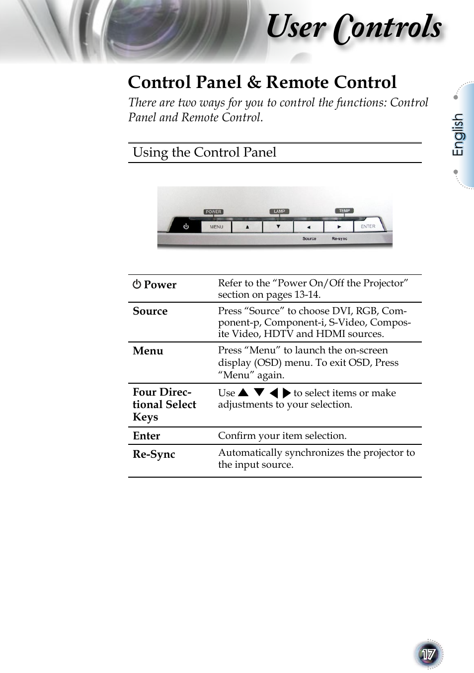 User controls, Control panel & remote control | Optoma 1080p DLP User Manual | Page 17 / 50