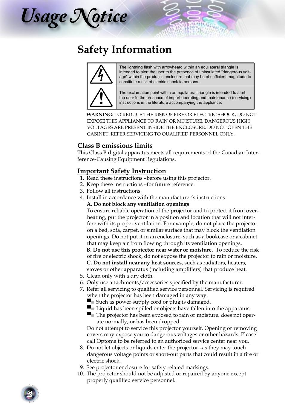 Usage notice, Safety information | Optoma 1080p DLP User Manual | Page 2 / 50