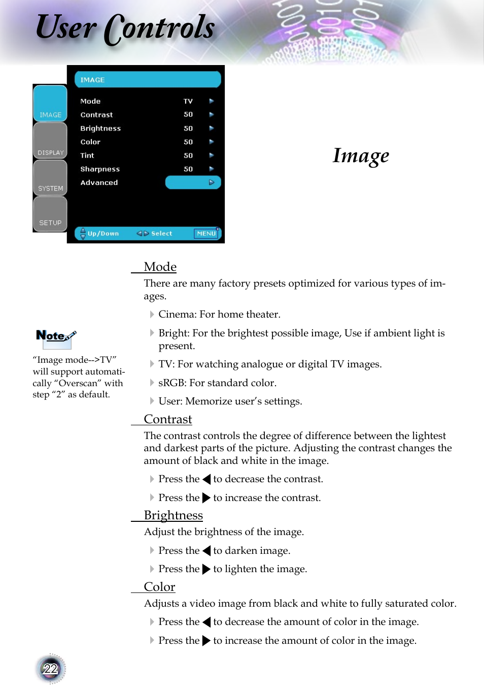 User controls, Image | Optoma 1080p DLP User Manual | Page 22 / 50