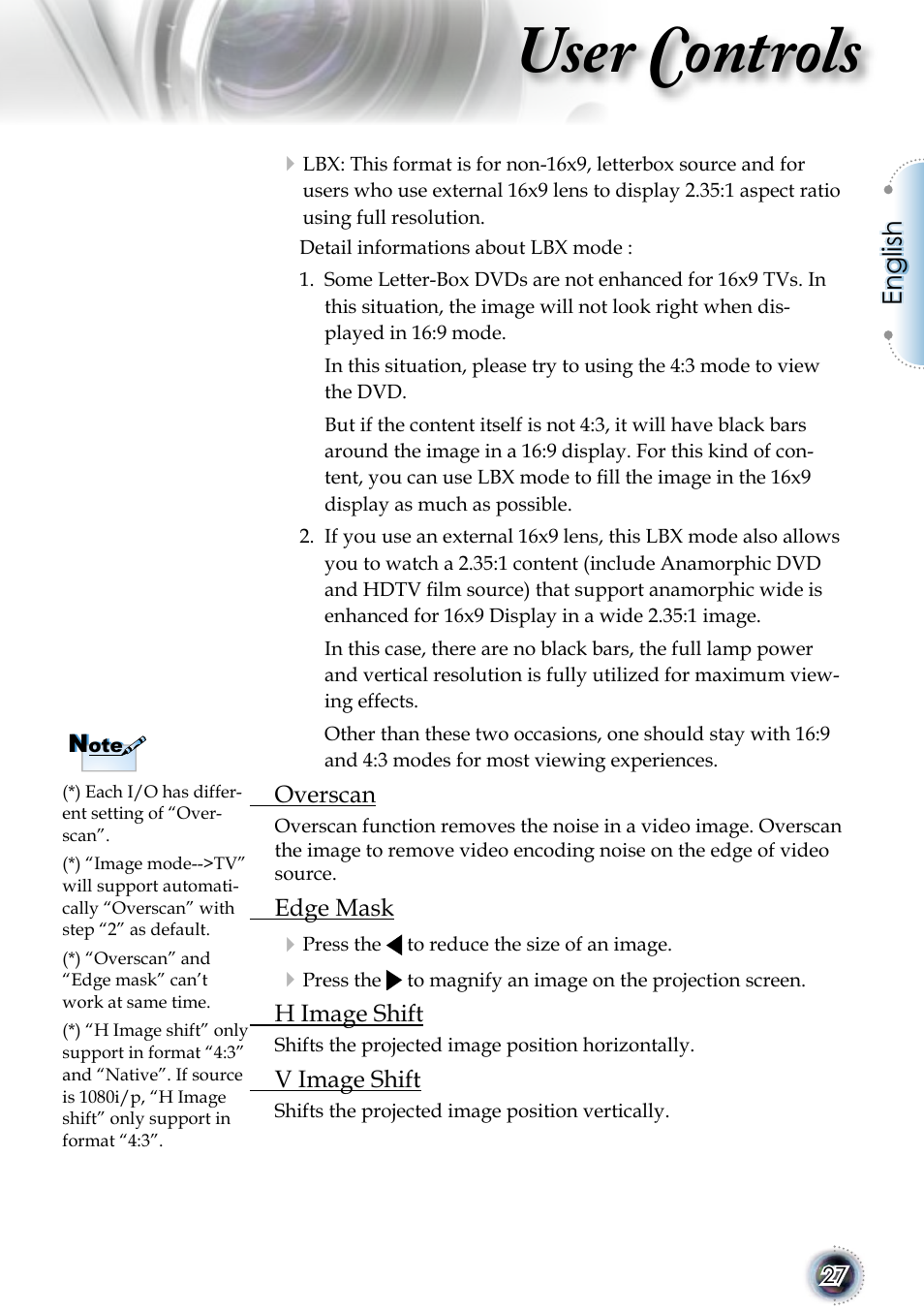 User controls, English | Optoma 1080p DLP User Manual | Page 27 / 50