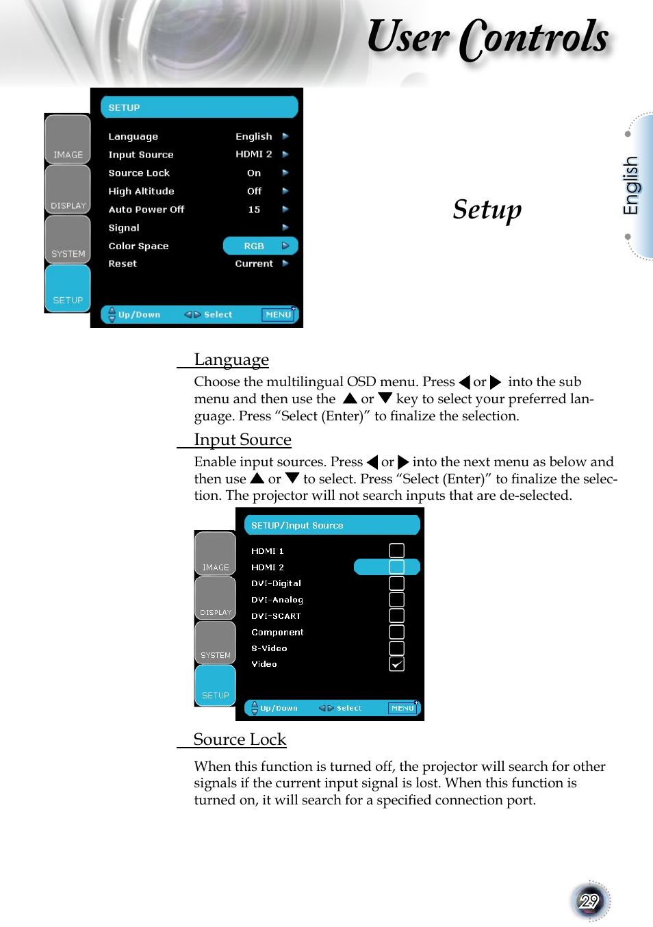 User controls, Setup | Optoma 1080p DLP User Manual | Page 29 / 50