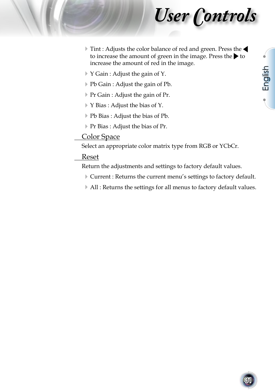 User controls | Optoma 1080p DLP User Manual | Page 31 / 50