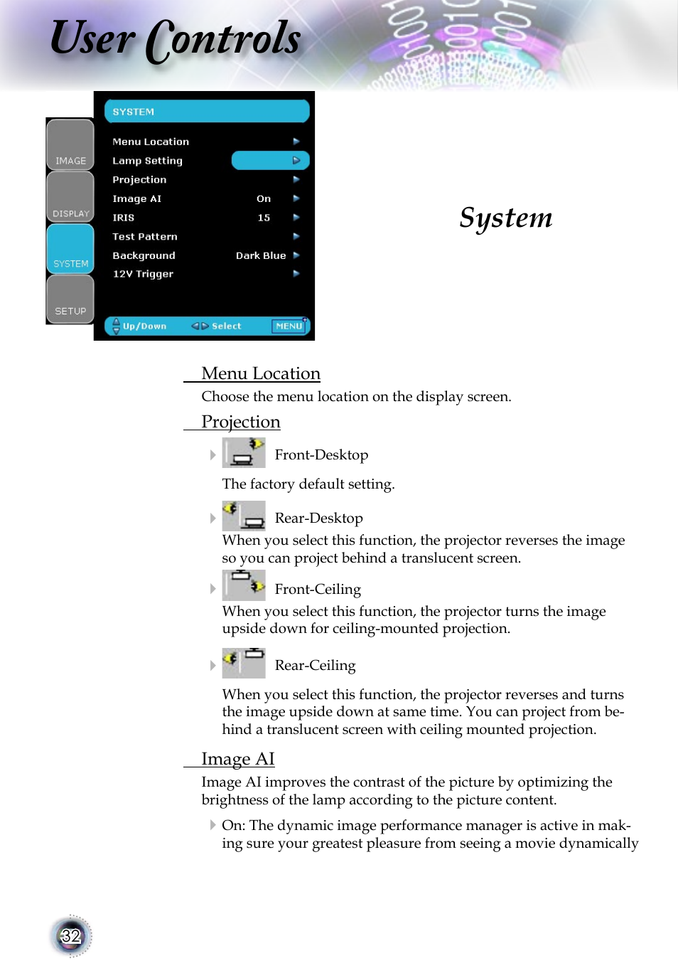 User controls, System | Optoma 1080p DLP User Manual | Page 32 / 50