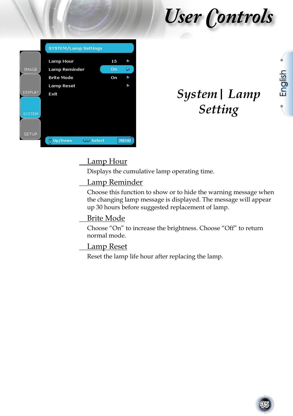 User controls, System| lamp setting | Optoma 1080p DLP User Manual | Page 35 / 50