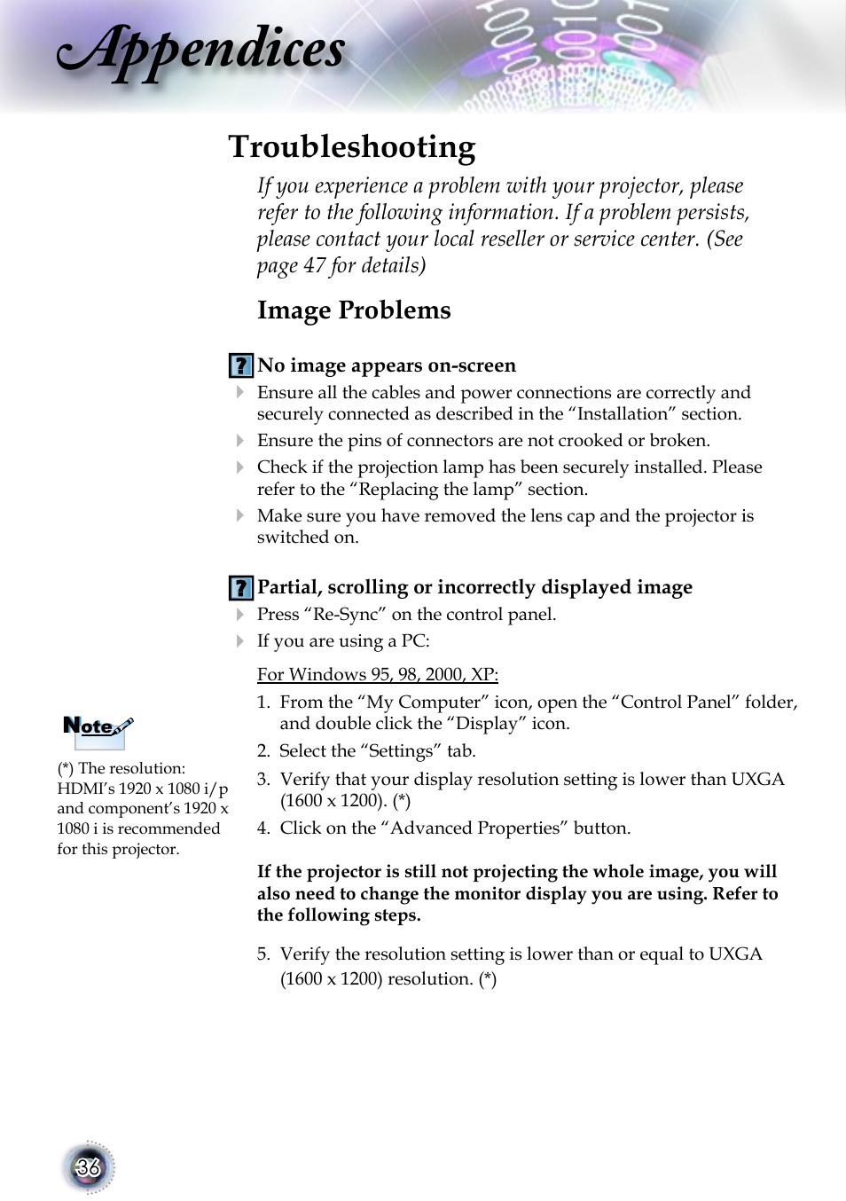 Appendices, Troubleshooting, Image problems | Optoma 1080p DLP User Manual | Page 36 / 50