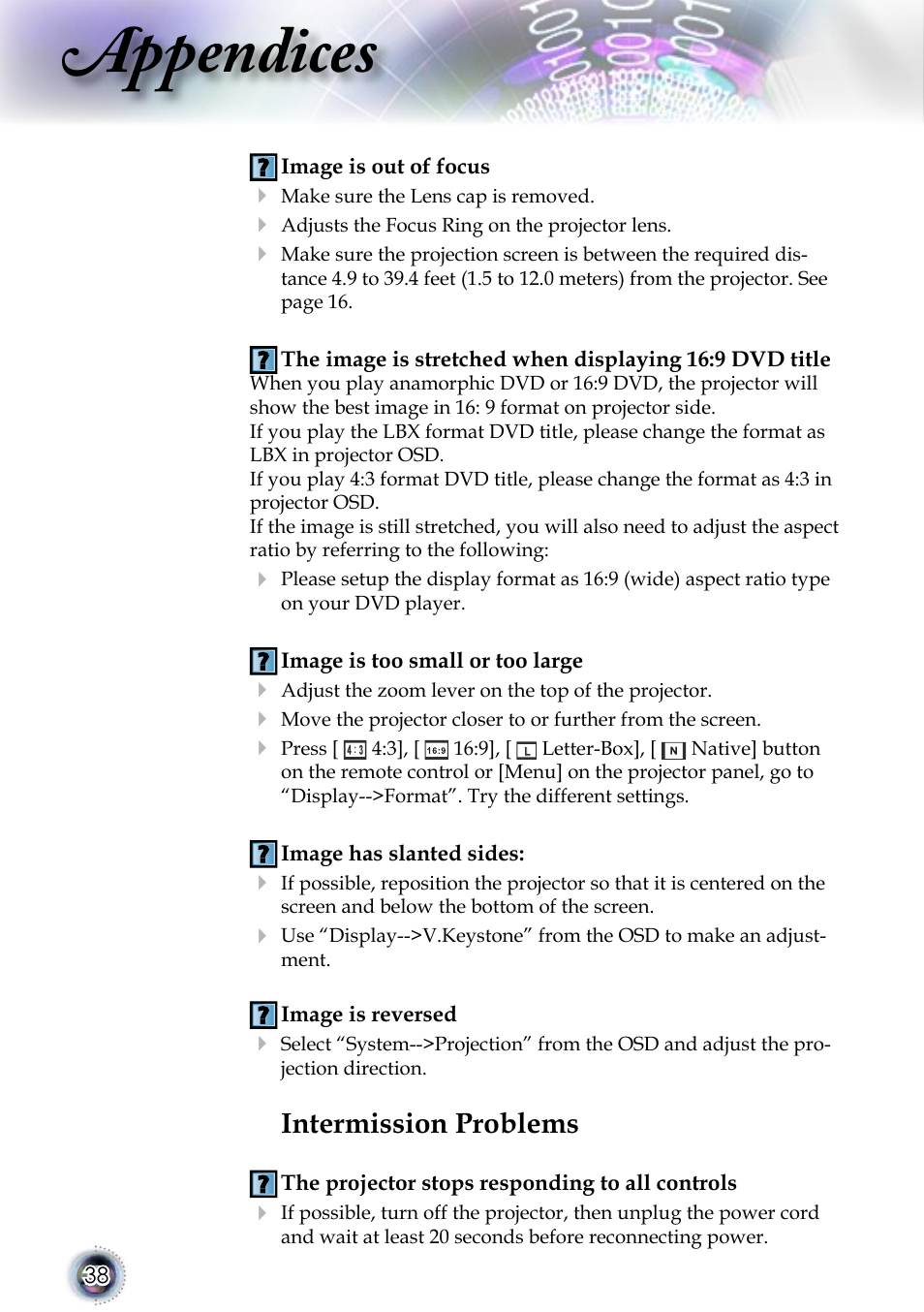 Appendices, Intermission problems | Optoma 1080p DLP User Manual | Page 38 / 50