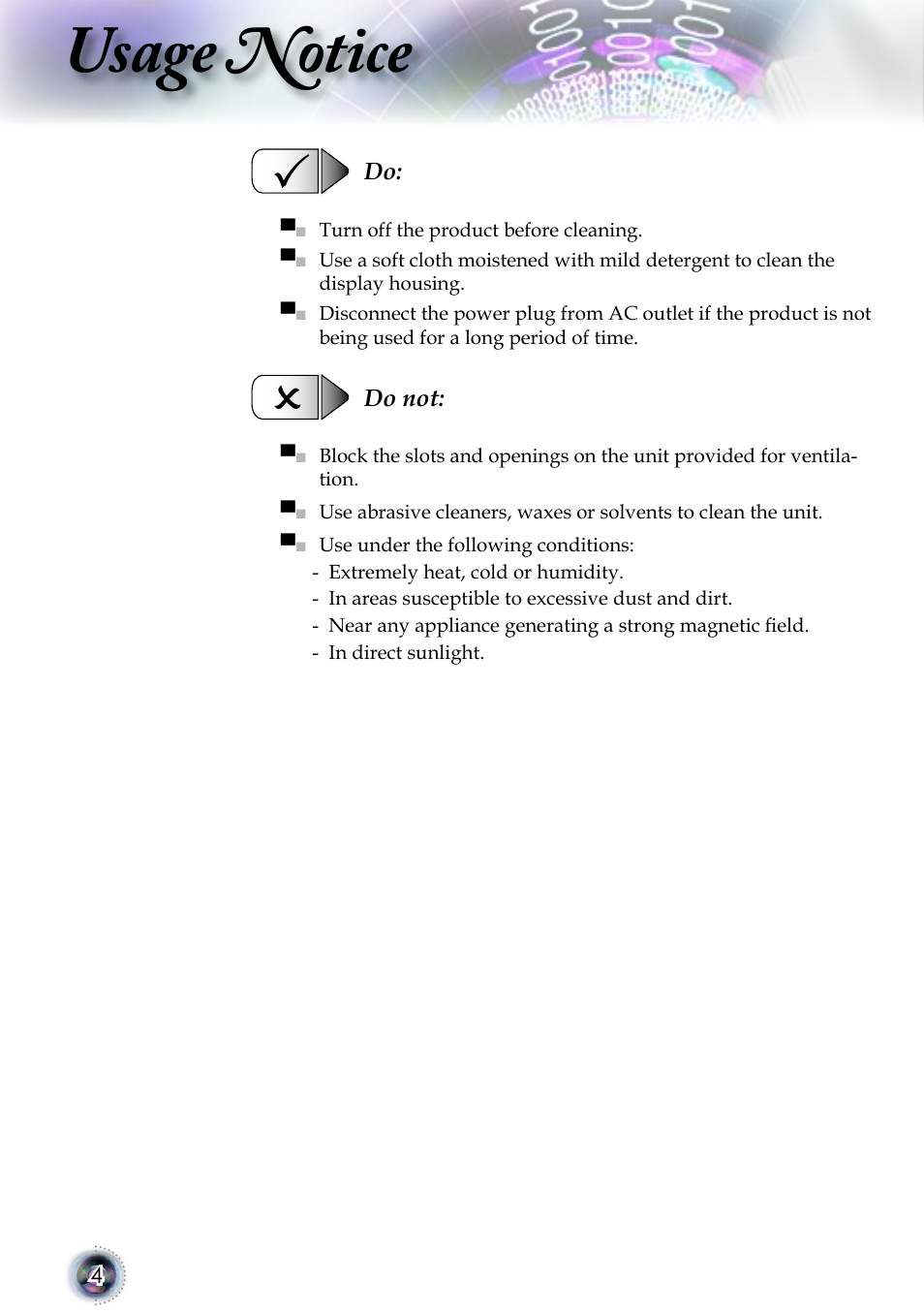 Usage notice | Optoma 1080p DLP User Manual | Page 4 / 50