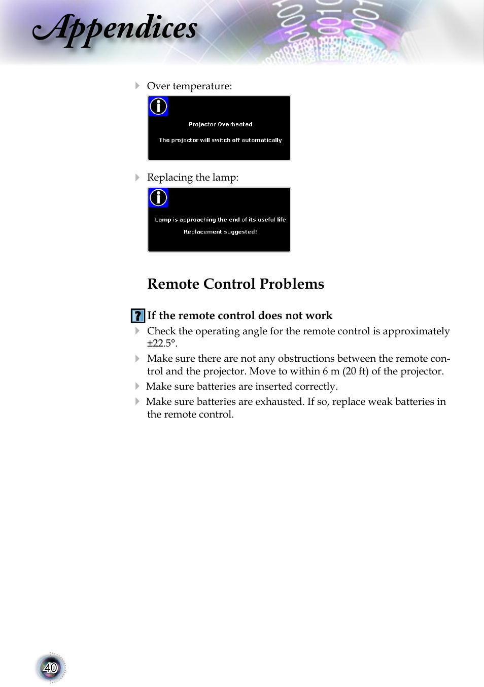 Appendices, Remote control problems | Optoma 1080p DLP User Manual | Page 40 / 50