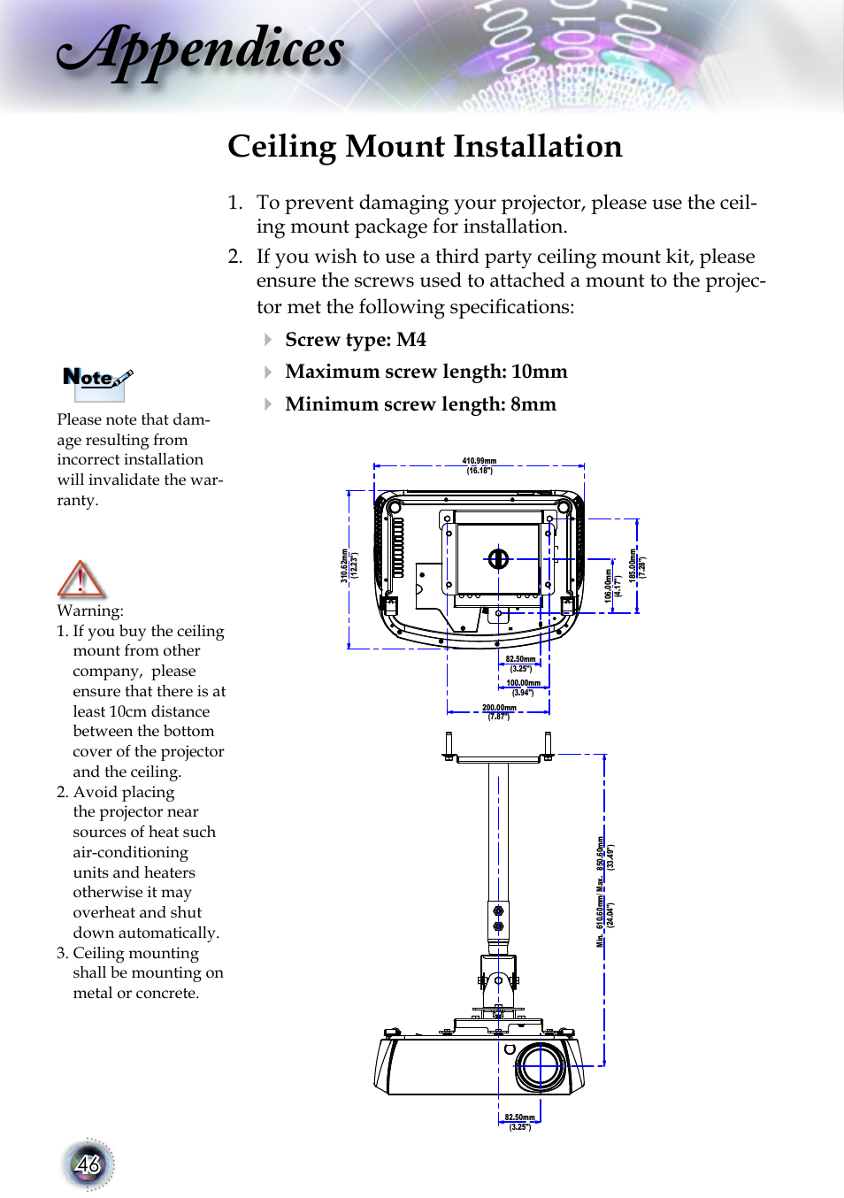 Appendices, Ceiling mount installation, Screw type: m4 | Maximum screw length: 10mm, Minimum screw length: 8mm | Optoma 1080p DLP User Manual | Page 46 / 50