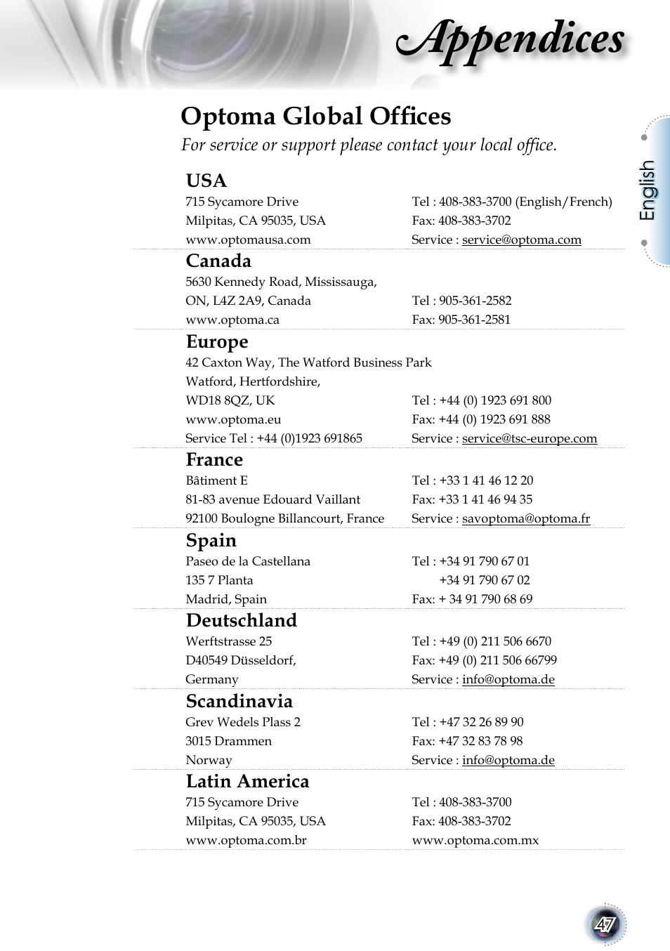 Appendices, Optoma global ofﬁces, English | Canada, Europe, France, Spain, Deutschland, Scandinavia, Latin america | Optoma 1080p DLP User Manual | Page 47 / 50