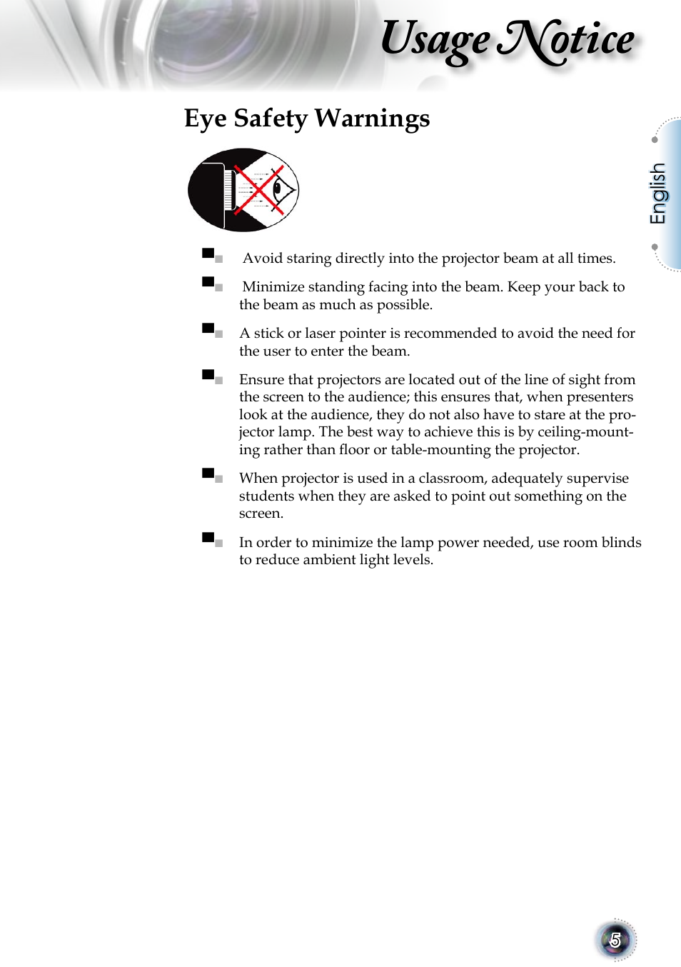Usage notice, Eye safety warnings, English | Optoma 1080p DLP User Manual | Page 5 / 50