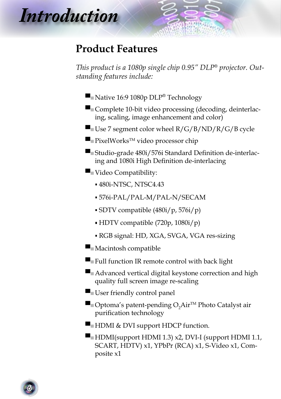 Introduction, Product features | Optoma 1080p DLP User Manual | Page 6 / 50