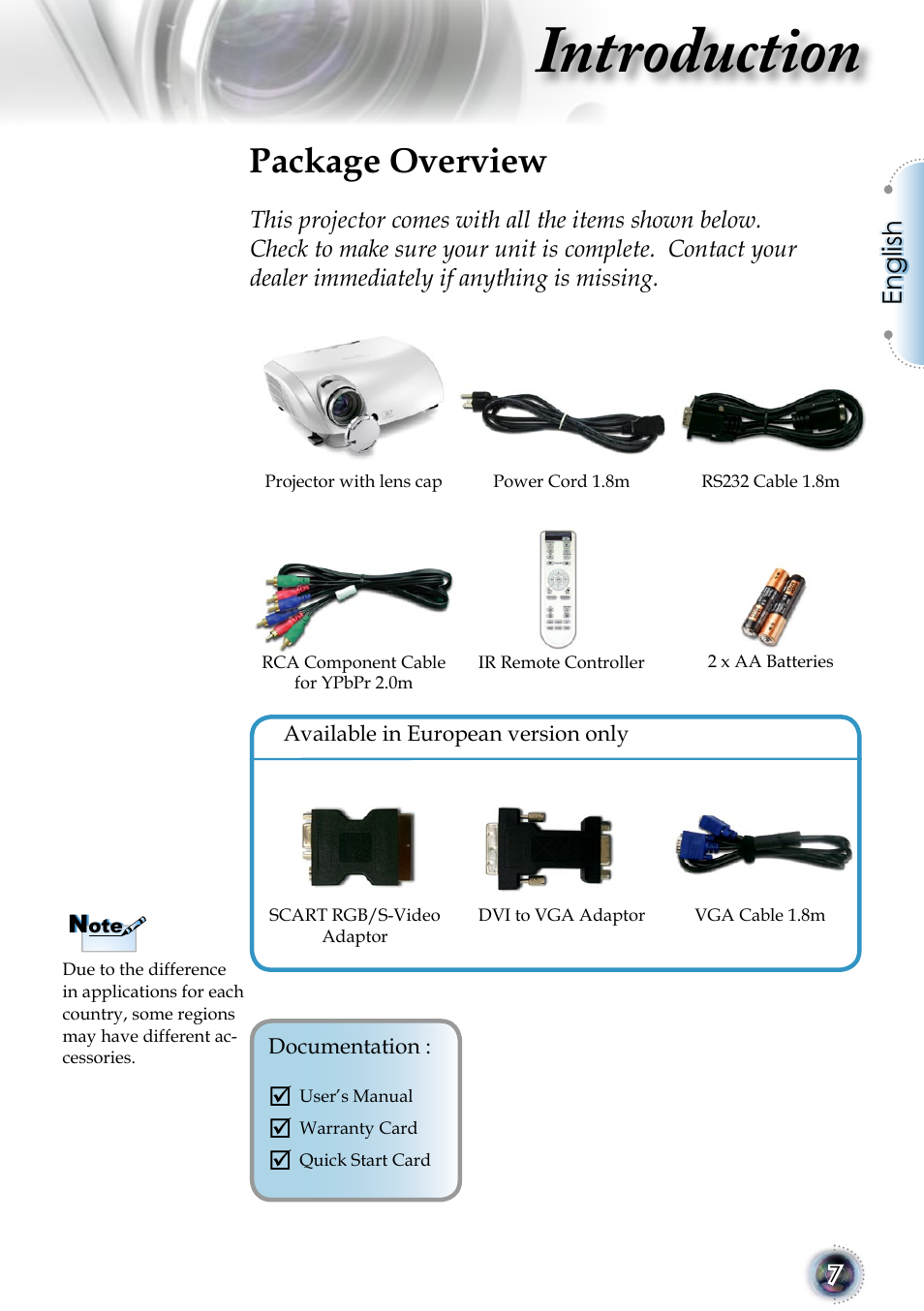 Introduction, Package overview, English | Optoma 1080p DLP User Manual | Page 7 / 50