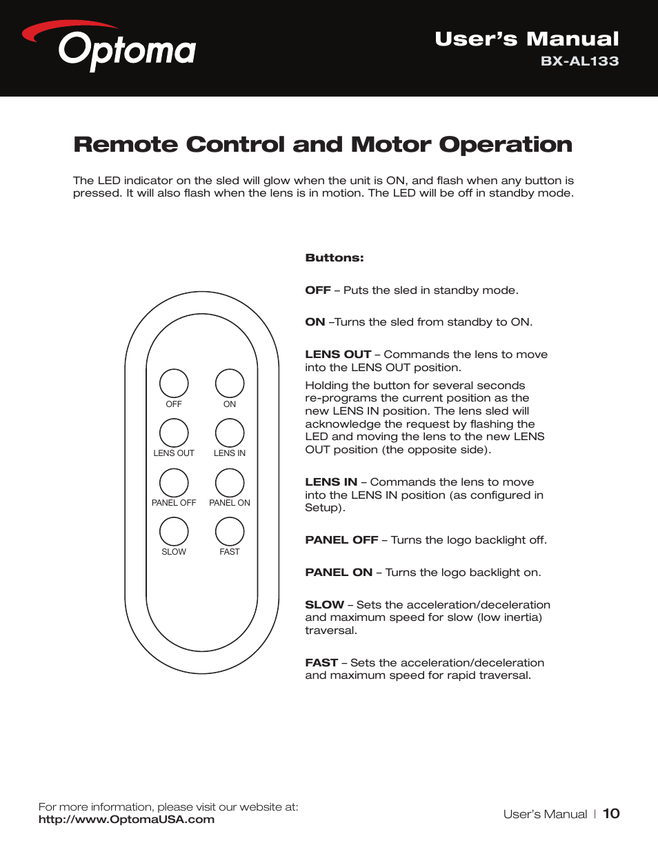 Remote control and motor operation, User’s manual | Optoma BX-AL133 User Manual | Page 10 / 19