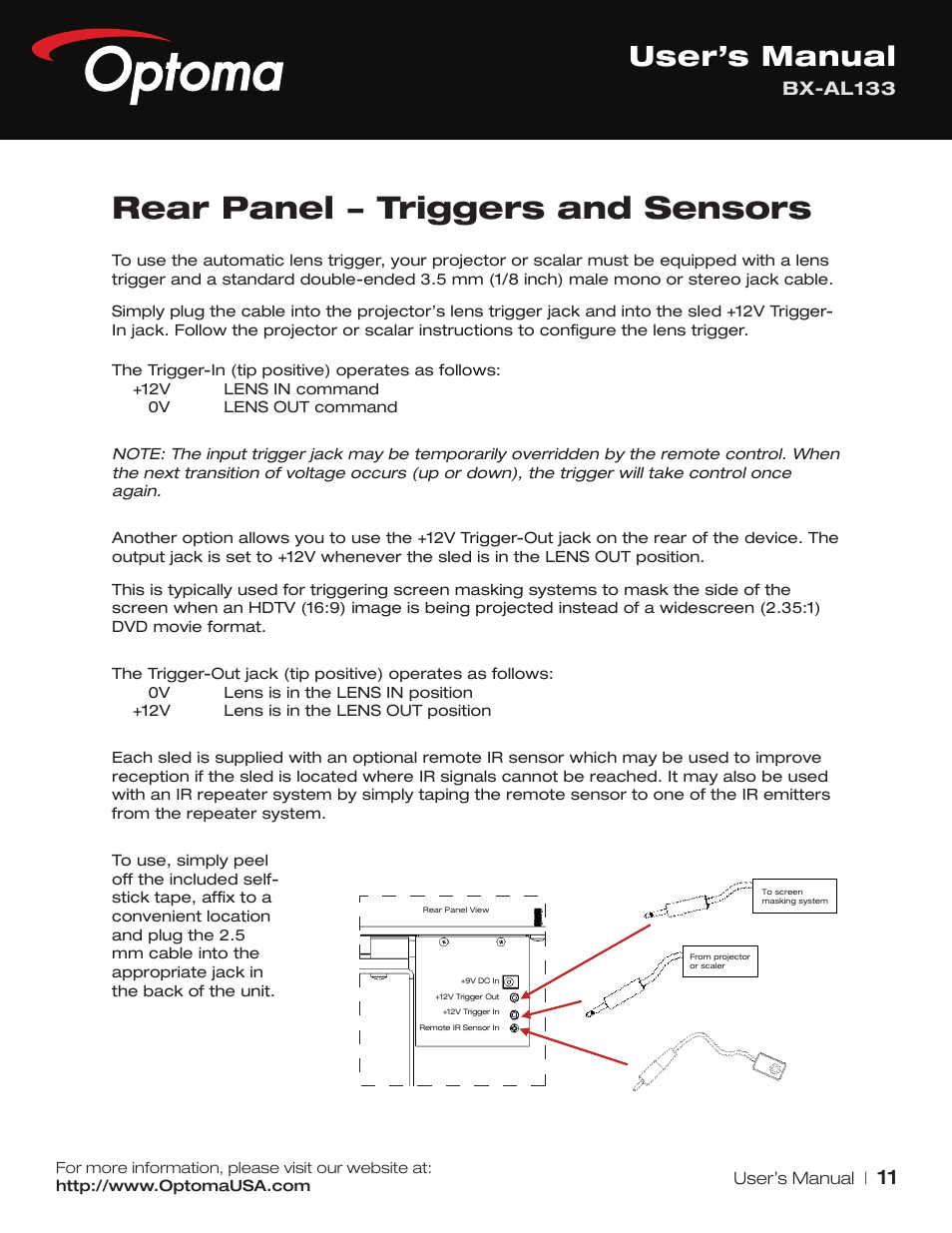 Rear panel − triggers and sensors, User’s manual, Bx-al133 | Optoma BX-AL133 User Manual | Page 11 / 19