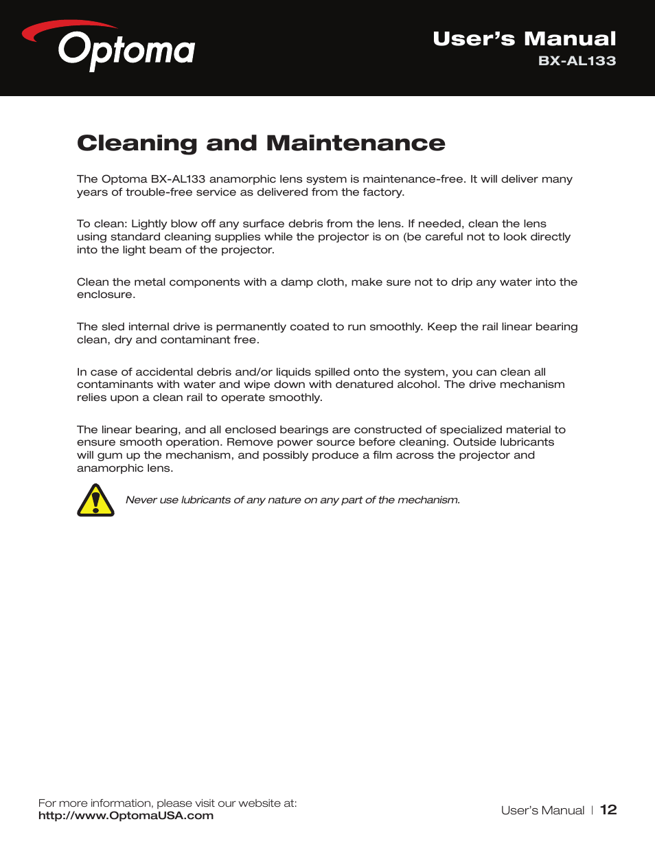 Cleaning and maintenance, User’s manual | Optoma BX-AL133 User Manual | Page 12 / 19