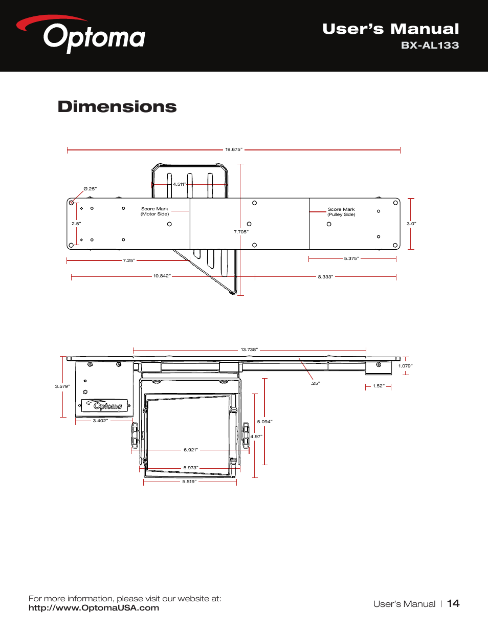 Dimensions, User’s manual, Bx-al133 | Optoma BX-AL133 User Manual | Page 14 / 19