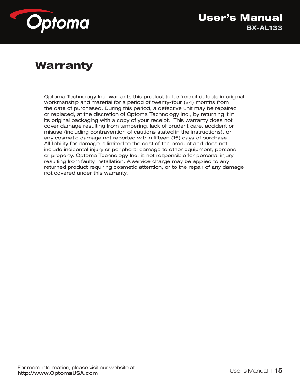 Warranty, User’s manual | Optoma BX-AL133 User Manual | Page 15 / 19