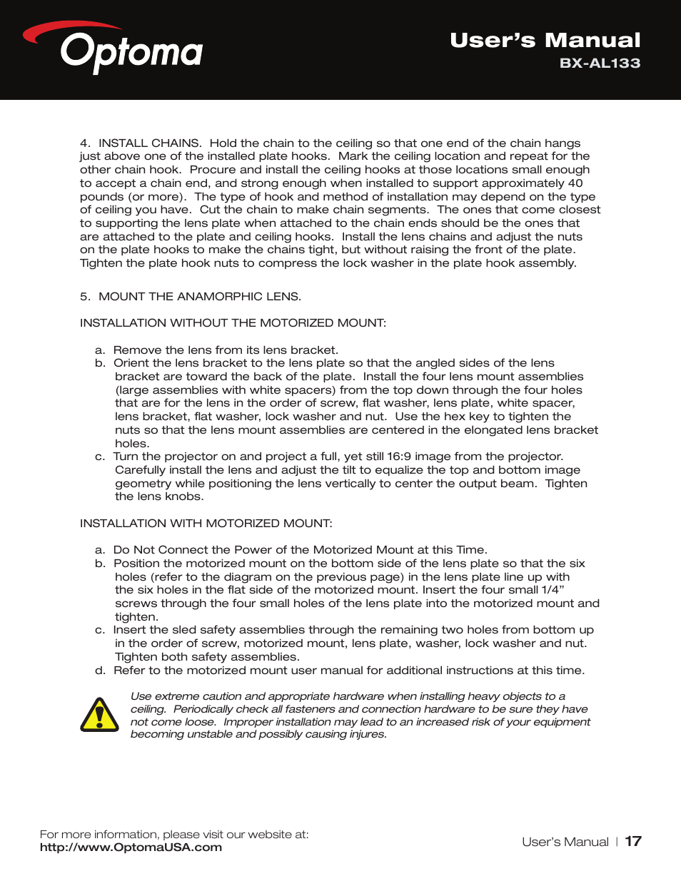 User’s manual | Optoma BX-AL133 User Manual | Page 17 / 19