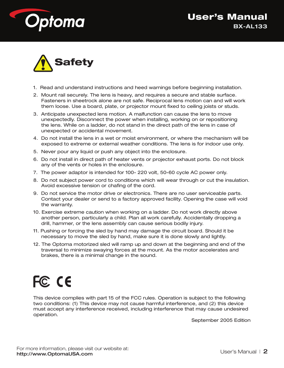 Safety, User’s manual | Optoma BX-AL133 User Manual | Page 2 / 19