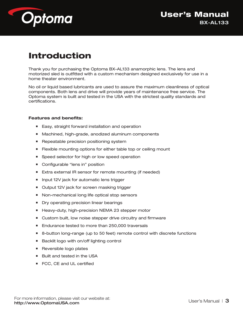 Introduction, User’s manual | Optoma BX-AL133 User Manual | Page 3 / 19