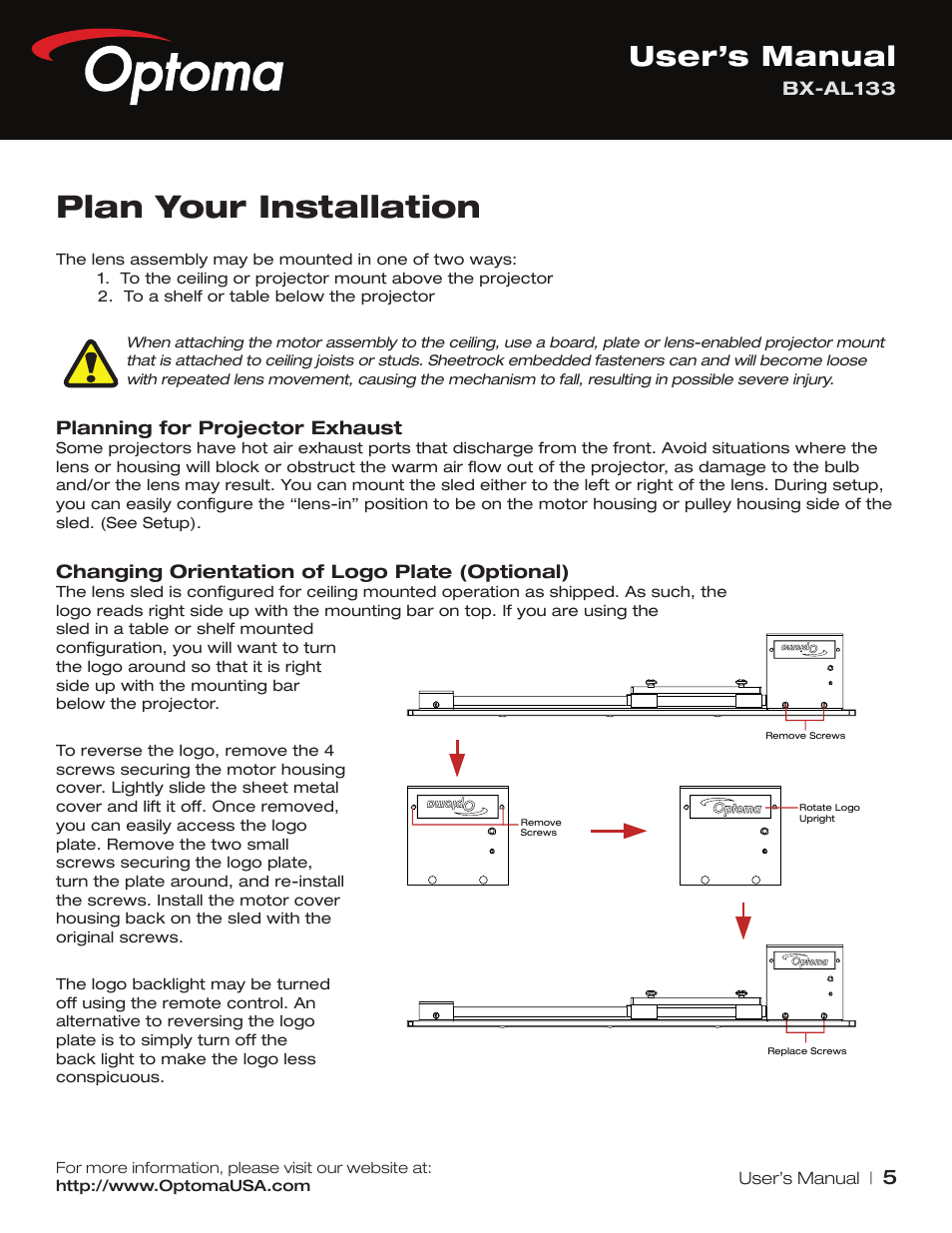 Plan your installation, User’s manual | Optoma BX-AL133 User Manual | Page 5 / 19